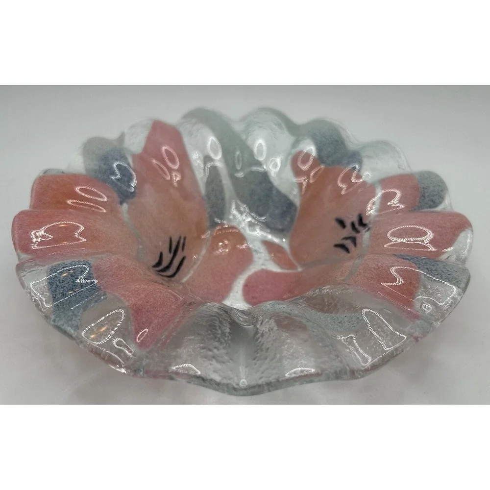 SYDENSTRICKER Fused Glass Fluted Small Bowl Pink Flowers Small Candy Dish‎ VTG